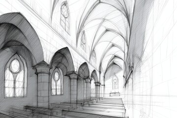Fototapeta premium Sketch of a Gothic Church Interior with Arched Roof and Windows