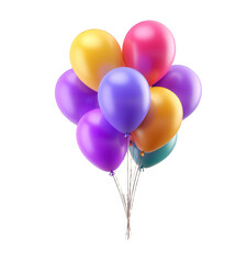 Vibrant Cluster of Colorful Balloons in Shades of Purple, Yellow, Pink and Teal on a Transparent Background