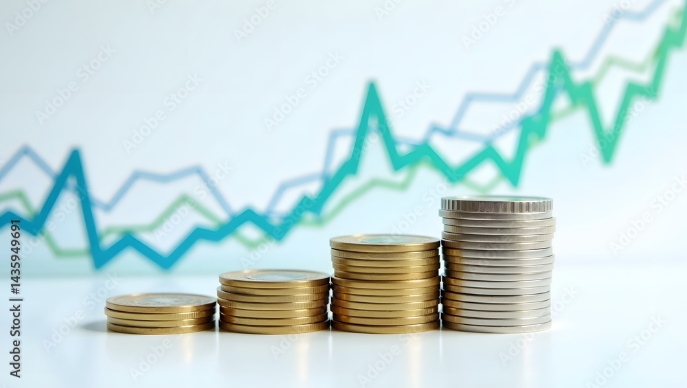 Poster stacks of coins symbolize financial growth. the background features ascending graphs