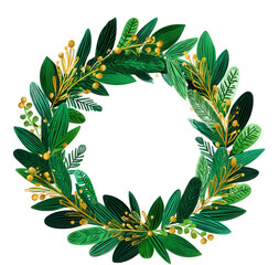 Naklejka premium Vibrant Floral Wreath Composed of Various Green Leaves and Golden Accents Ideal for Seasonal Decorations