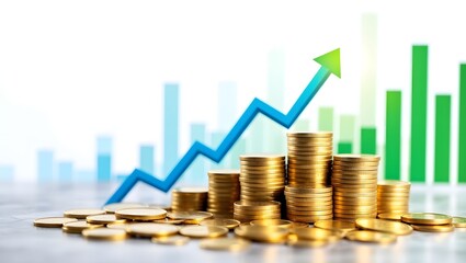 Stacks of gold coins symbolizing financial growth, with a chart showing upward trends