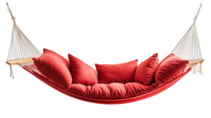 vibrant red hammock adorned with plush cushions. suspended by white ropes. set against a clean. white background it evokes a sense of relaxation and comfort. ideal for leisure activities such as readi