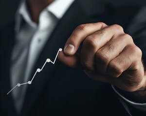 Businessman's hand displays upward trending graph, symbolizing growth, success, and progress.