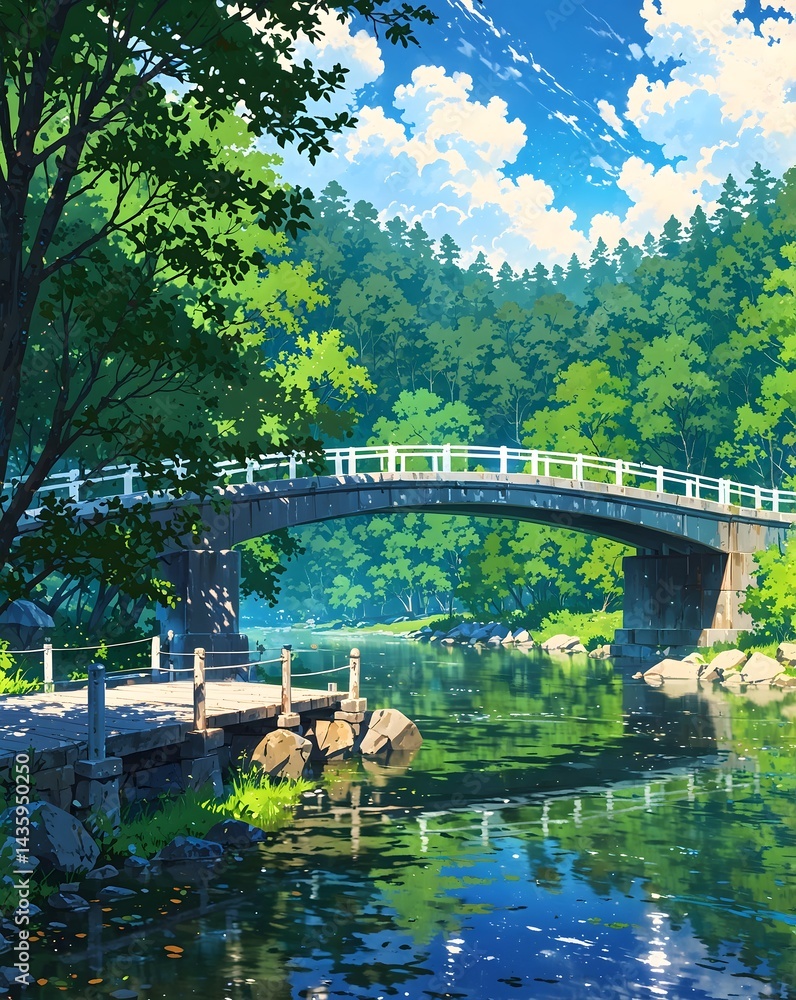 Poster a serene bridge spanning over a reflective river, with lush greenery and a bright sky adding to the 