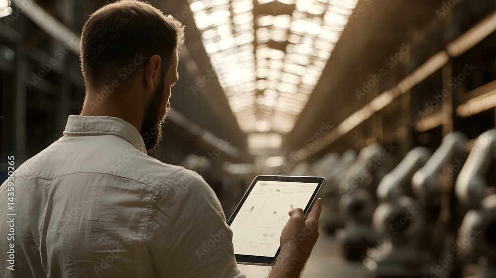 Poster a man in a factory uses a tablet to monitor industrial robots. the image depicts industry, technolog