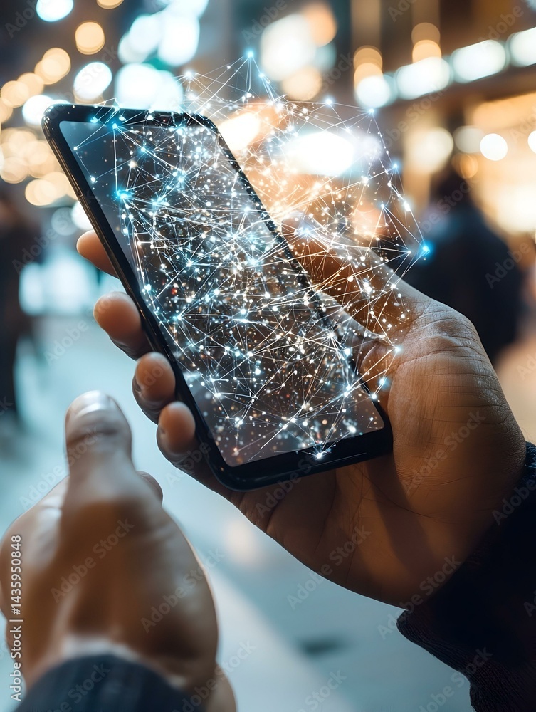 Poster person using smartphone with glowing network connection graphic overlay. image depicts modern techno