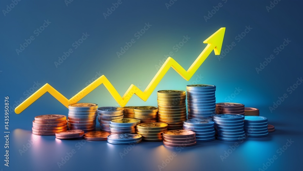 Poster Stacks of coins arranged with a glowing arrow indicating financial growth, showcasing a concept of wealth accumulation and progress