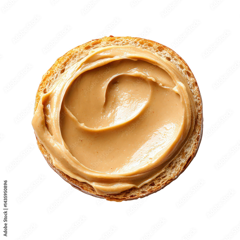 Poster slice of bread topped with a smooth layer of peanut butter. showcasing its creamy texture and rich c