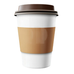 classic take-out coffee cup. characterized by a white body. a brown cardboard sleeve for insulation. and a dark brown lid this design is commonly used for serving hot beverages. emphasizing convenienc