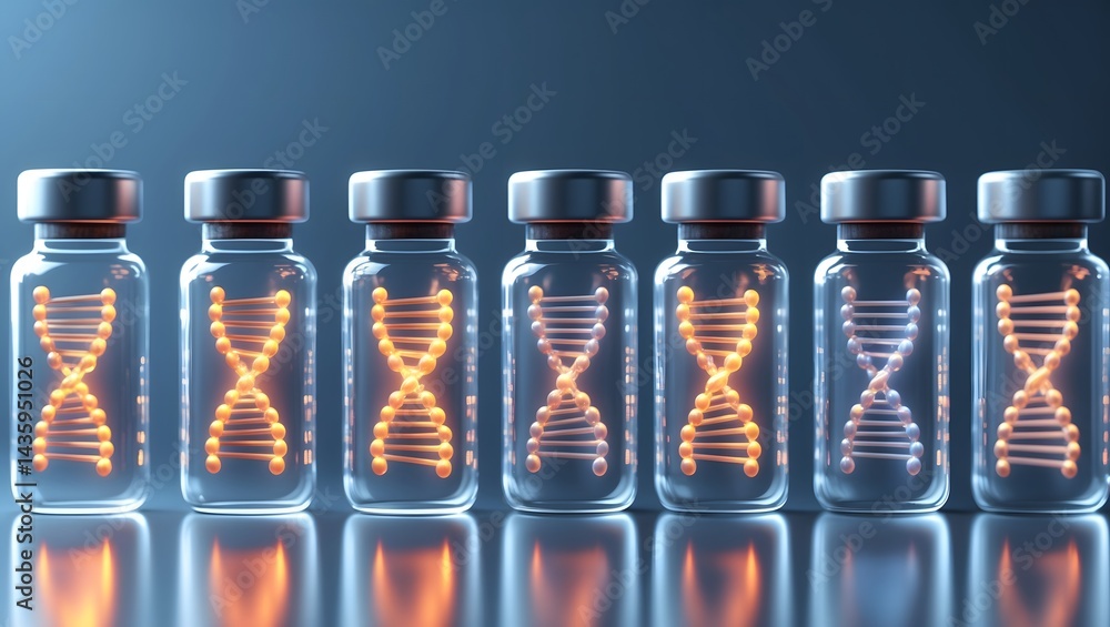 Poster an array of glass vials, each holding a glowing dna strand. the scene conveys the essence of scienti