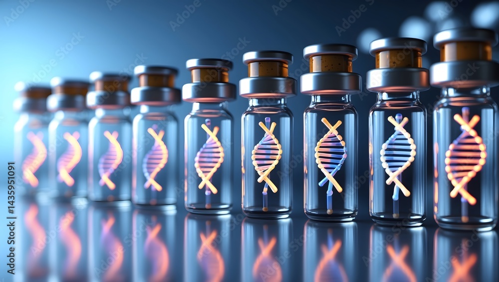 Poster dna strands inside glass vials, illuminated with a soft glow, arranged in a neat row reflecting on a