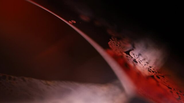 	
Red reflections of liquid in macro, red liquid surface, bubbles in macro, black and red horror background, blood cells, horror abstraction, blood cells