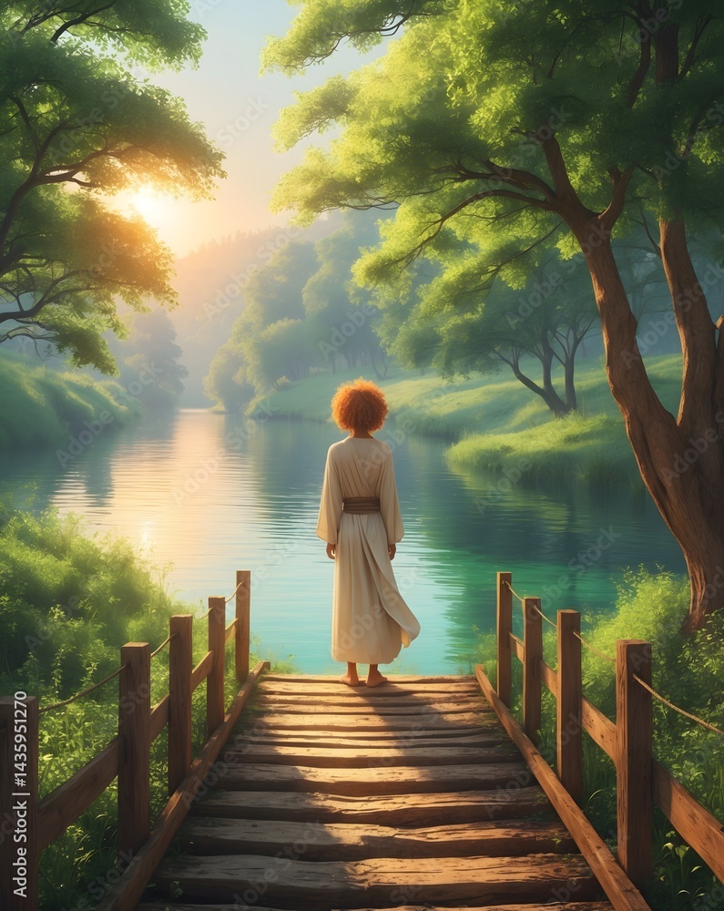 Poster a person stands at the end of the wooden bridge and admires the view of a river. this person enjoys 