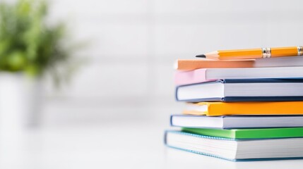 Fototapeta premium Stack of colorful books and a pencil on a white surface