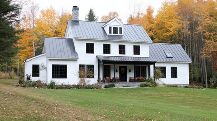 Obraz premium White modern farmhouse with black windows and metal roof in rural setting