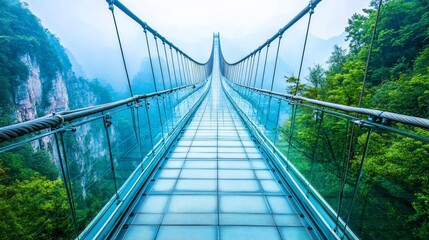 Glass suspension bridge across a valley.  A modern,  transparent walkway, suspended high above lush forest and mountains
