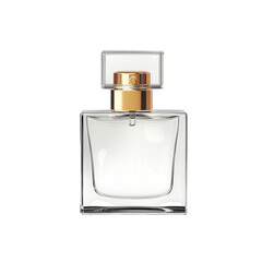 clear glass perfume bottle with a minimalist design. showcasing a simple yet elegant shape the bottle has a gold cap and a transparent body. emphasizing the purity of the fragrance inside it represent