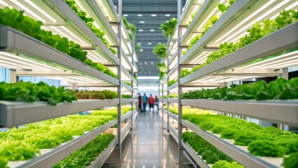 Fototapeta premium Indoor Vertical Farming with Fresh Green Lettuce in Modern Agricultural Environment