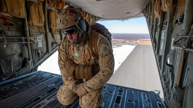 Military paratrooper preparing for a jump from transport aircraft wearing helmet and goggles with open cargo door with winter landscape outside