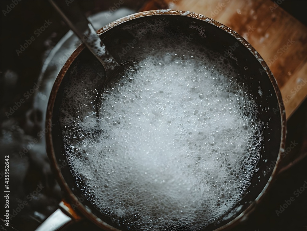 Poster close-up of soapy bubbles in a dark pan, creating a textural and abstract image. ideal for backgroun