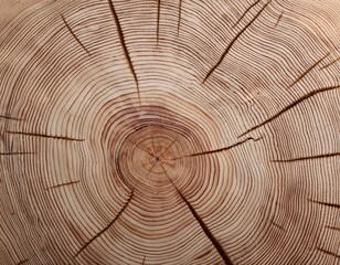 Close-up of a tree trunk cross-section showing detailed concentric growth rings and natural cracks radiating from the center, highlighting the texture and age of the wood.