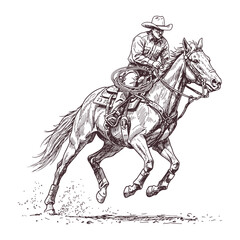 Vintage hand drawn cowboy riding fast horse in a dynamic rodeo action scene detailed black and white western style sketch ideal for wild west designs retro posters and rustic equestrian themes © MkJutt