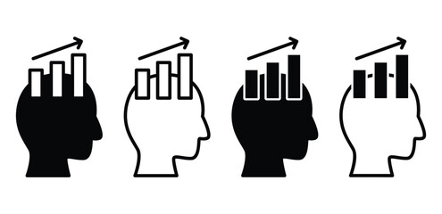 Growth Mindset Icons Black and White Head Silhouettes with Upward Trending Bar Graphs Vector Design