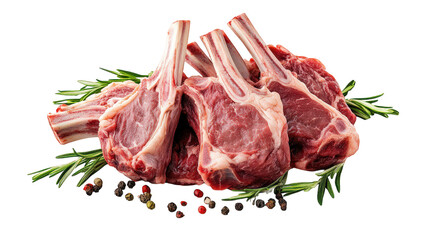 a selection of raw lamb chops arranged on a bed of fresh rosemary and scattered with colorful peppercorns the clean white background highlights the meat's texture and freshness. making it suitable for
