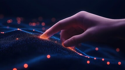 A hand gently touches a luminous, dynamic, data-driven landscape of points and glowing particles