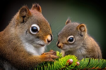 Two reddish-brown squirrels share a tender moment, noses almost touching amidst vibrant green pine needles. A captivating wildlife close-up