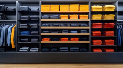 Store interior with modern aesthetic, folded pants, T-shirts, and accessories arranged by color, no people