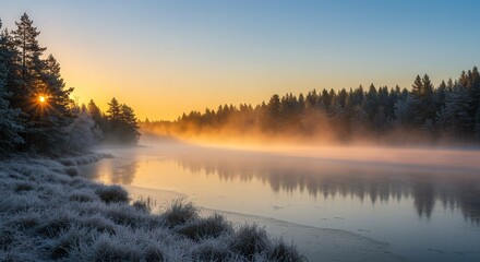 Fototapeta premium Frosty Sunrise Over a Misty River and Pine Forest