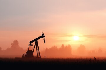 Naklejka premium Sunrise Over Oil Pump Jack in Misty Landscape with Silhouetted Trees