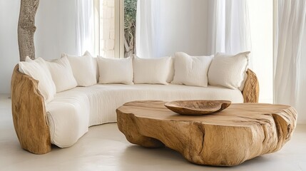 Sustainable wooden furniture in a bright modern interior, emphasizing natural materials and craftsmanship, no people