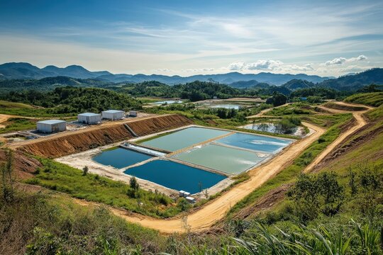 Aerial view of industrial settling ponds and mountains in a rural environment. Suitable for environmental reports or sustainable development projects.
