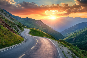 Scenic mountain road at sunset, bathed in golden light crossing the landscape