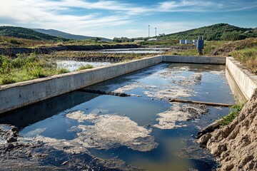 Water treatment facility, waste water in concrete basins with nature view. Use for illustrating water management, sewage, or environmental topics.