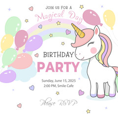 Vector illustration of a birthday party invitation featuring a cute unicorn standing on clouds with a pastel rainbow, stars, and hearts. Perfect for children's events and celebration themes.