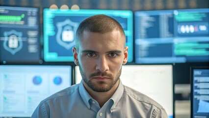 Fototapeta premium Focused Male Analyst in Modern Office Surrounded by Digital Security Monitors and Displays
