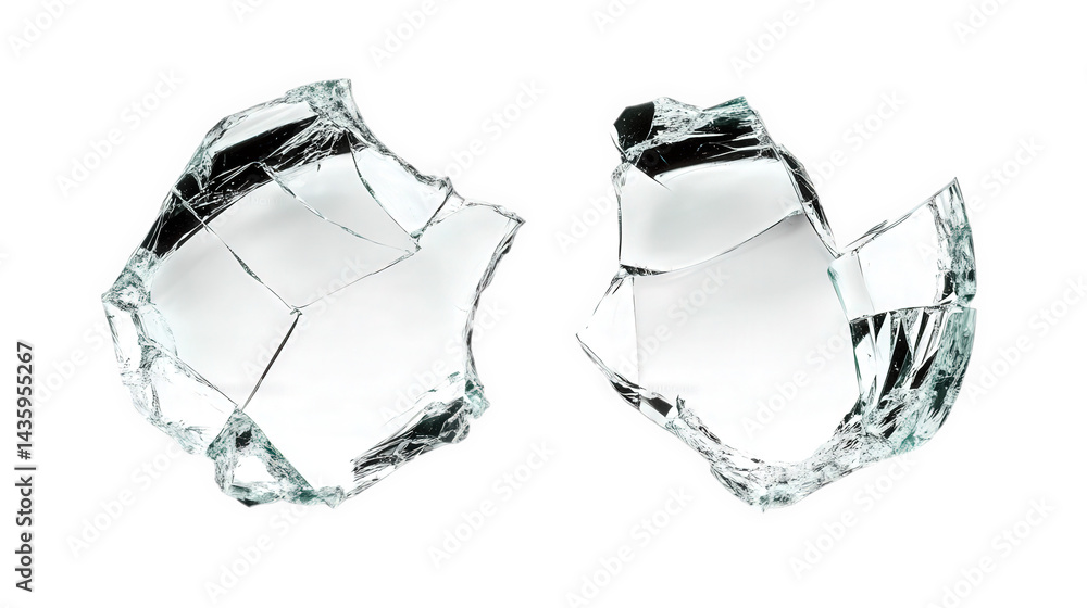 Poster two broken pieces of glass. showcasing sharp edges and fragmented surfaces the glass is clear and tr