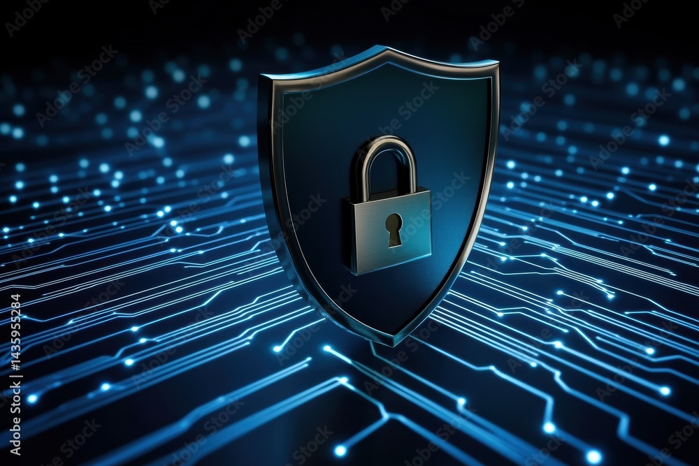 Poster exploring the dark future of cyber security with digital lock and shield elements