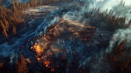 Wildfire burn scar visible from above, showing scorched land where forest once stood