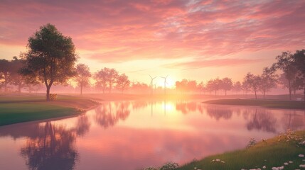 Obraz premium Wind turbines reflected in a nearby lake at dawn, creating a serene and sustainable energy scene, no people