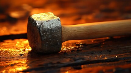 A close-up shot of a classic hammer resting on a weathered wooden surface with golden highlights.