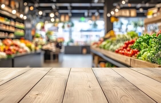 Grocery store interior, blurred background, wooden table