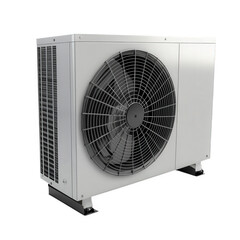 Fototapeta premium an outdoor air conditioning unit. featuring a large fan and a metal casing it is designed for cooling indoor spaces by expelling heat and circulating cool air the unit is typically installed outside b