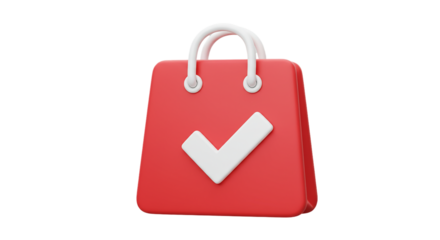 A red shopping bag with white handles and a white checkmark on the front against a black background