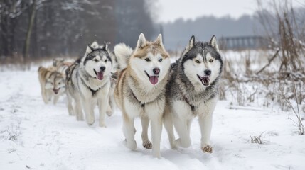 Naklejka premium A team of huskies pulling a small empty sled across a snowy plain, blurred motion - agility snow winter mammals