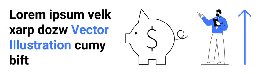 Piggy bank with dollar sign, man holding clipboard pointing upward at growth arrow. Ideal for finance, investment, savings, growth strategy, consulting, presentations, simple landing page