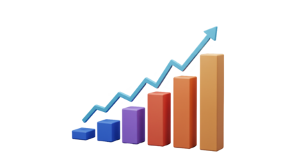 A vibrant bar graph with an ascending blue arrow against a stark black background showing growth trend